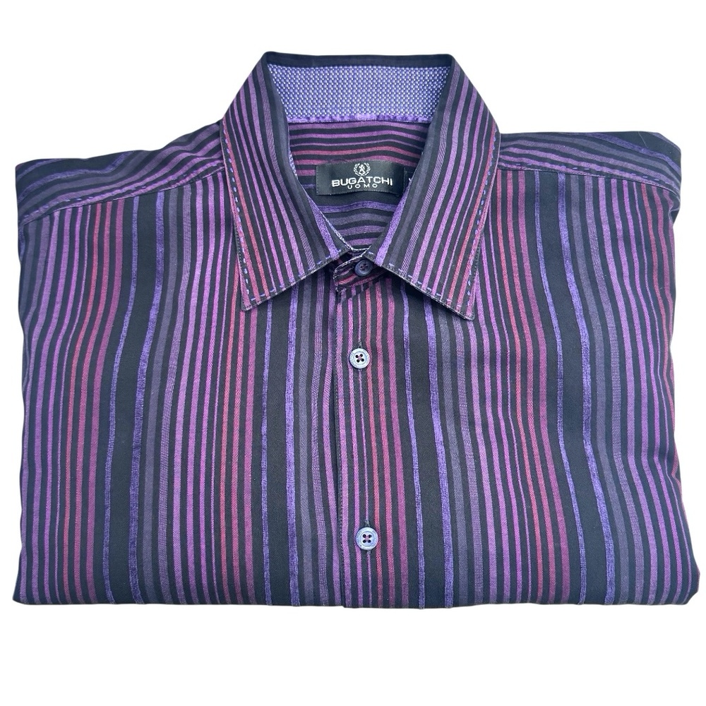 BUGATCHI UOMO PURPLE, BLACK, AND RED STRIPES LONG SLEEVE SHIRT W FLIP CUFFS